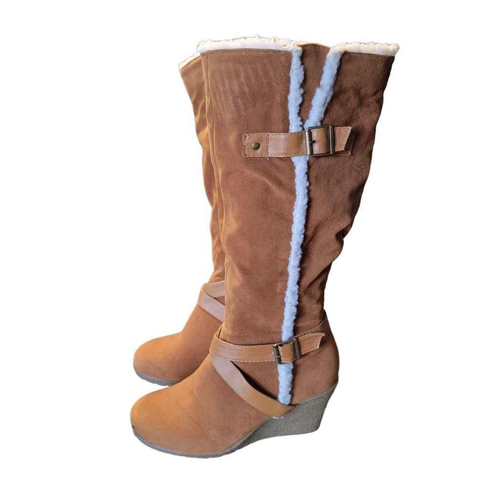 Refresh Womens Tall Fur Suede Boots Wedge SZ 8